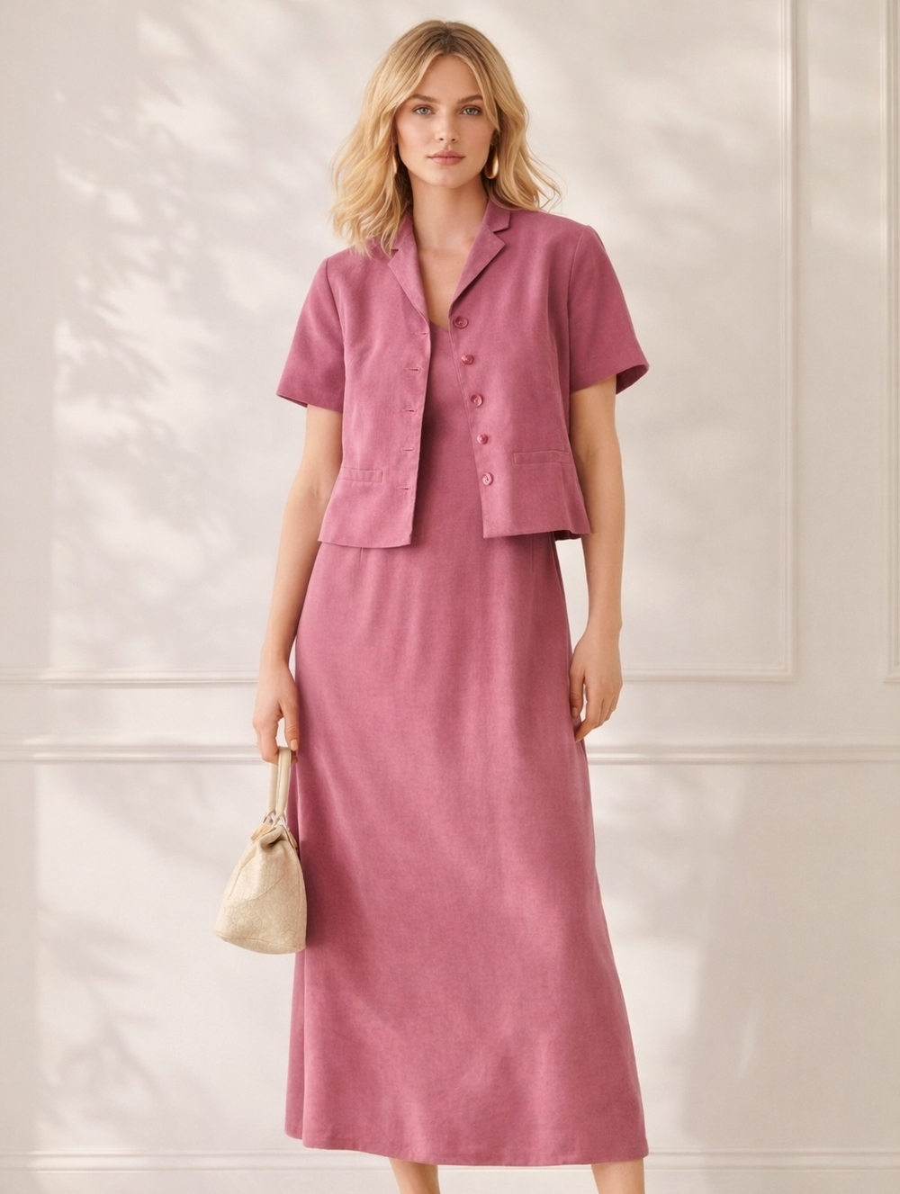 Vintage Monsoon 2 Piece Dress Set UK Made Pink Textured Blazer Slip Dress Rare
